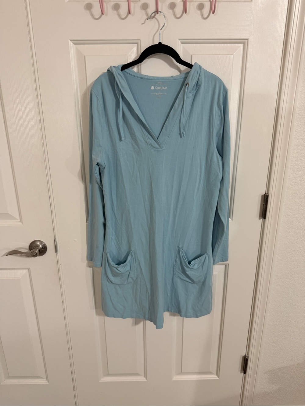 Coolibar Catalina Beach Cover Up Dress L Arctic Blue UPF 50+ Hoodie Pockets